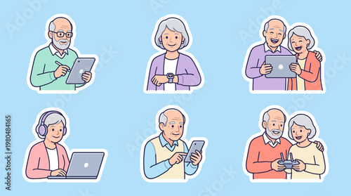 A collection of six illustrations depicting elderly couples and individuals engaging with modern technology like tablets, smartphones, laptops, and drones.