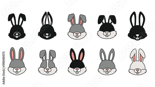 Collection of cartoon rabbit heads in varying shades of gray and black