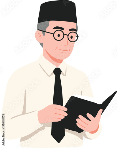 Flat Illustration of Wise Elderly Asian Educator Holding a Book