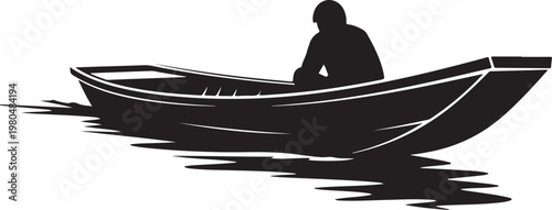 Black silhouette boat, man on boat, watercraft icon, vector illustration