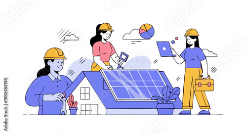 Female Engineers Installing Solar Panels on Residential House Roof