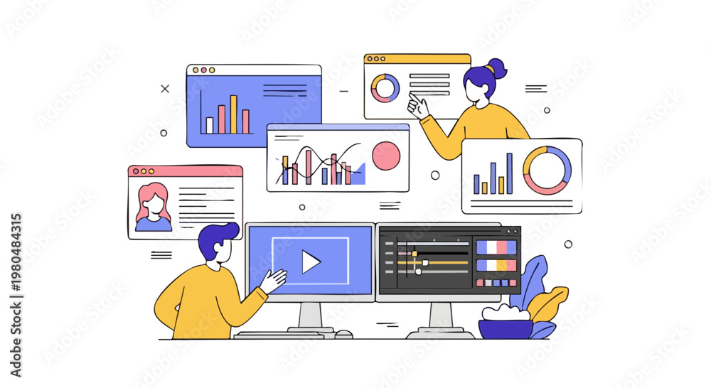 Fototapeta premium Video Editing and Data Analytics Team Professional Workspace