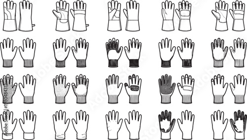 Selection of various hand gloves for multiple purpose. The detailed illustration demonstrates different glove types and designs. Ideal for industrial and safety related projects. 