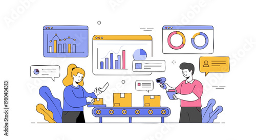 Warehouse workers managing order fulfillment with data analytics