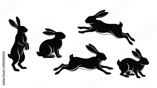 Black silhouettes of rabbits in various poses including jumping and sitting