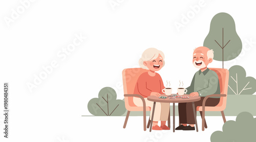 A happy elderly couple enjoying coffee together at an outdoor cafe surrounded by greenery.