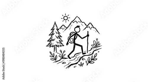 Minimalist Stick Figure Hiking in the Mountains