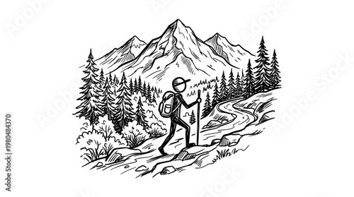 Hiker Ascending Mountain Trail Black and White Sketch