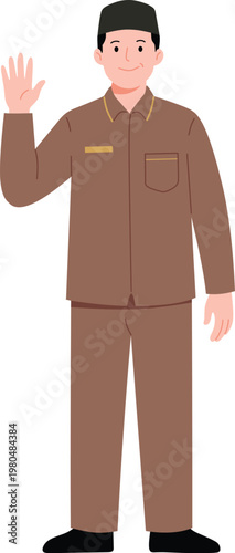 Indonesian Male Civil Servant in Brown Uniform Waving Hand Greeting