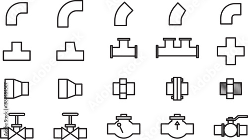 Assortment of meticulously rendered piping elements, meticulously designed with sleek, minimalistic lines in a uniform aesthetic.