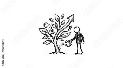 Businessman Watering Money Tree for Business Growth