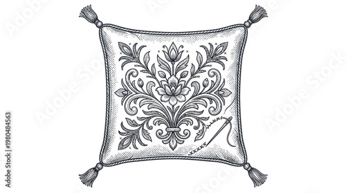 Elegant Embroidered Pillow in Detailed Pen and Ink
