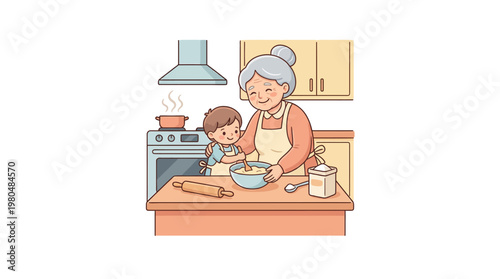 A grandmother and her grandchild happily baking together in a cozy kitchen.