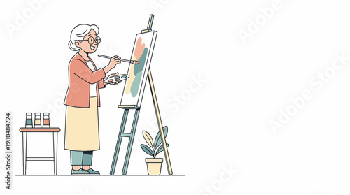 An elderly woman with glasses painting on a canvas on an easel, with art supplies nearby.