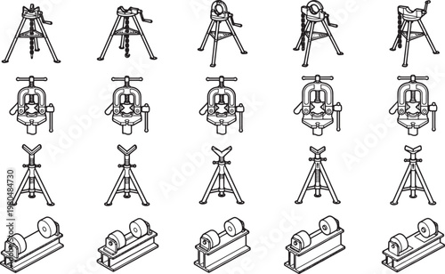 A collection of diverse vintage industrial tools, each meticulously rendered in a precise monochrome illustration. The array showcases a variety of classic equipment.