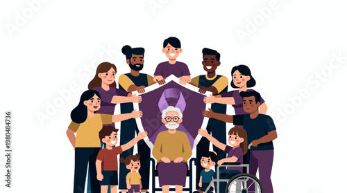 A diverse group of people of all ages and abilities coming together to support and protect an elderly person, symbolizing unity and care.