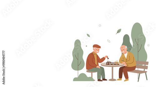 Two elderly men playing chess at a table outdoors with trees in the background.