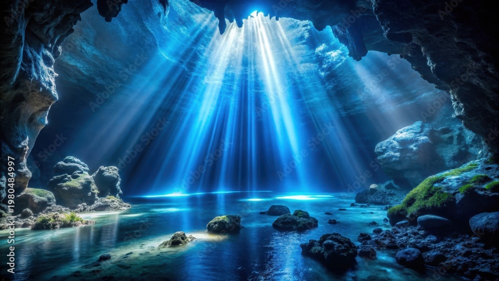 Obraz premium A photo of a mysterious underwater cave with shimmering blue lights hidden within the depths