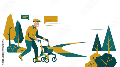 Elderly man with a walker enjoying a walk through a park with stylized trees and a winding path.