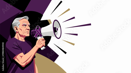 An elderly man with gray hair holds a megaphone with a purple ribbon, advocating for a cause.