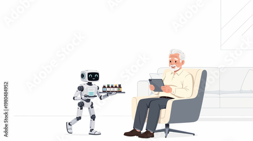 A friendly robot delivers medication bottles to an elderly man sitting in a chair.