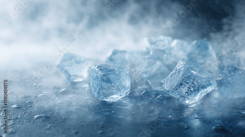 Crystal Cold Cubes: An ethereal capture of icy cubes, glimmering in the cold, their sharp edges contrasting with the surrounding vapor, creating a scene of pristine cold.