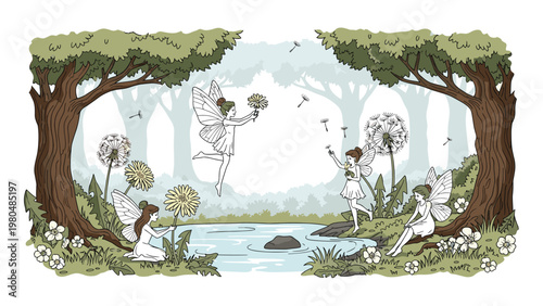 Enchanting scene of five playful fairies gracefully interacting with dandelions around a serene pond in a mystical, magical forest.