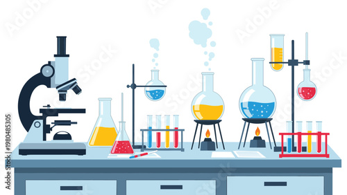 Well-equipped science laboratory workbench featuring an array of beakers, test tubes, microscopes, and various chemical apparatus.