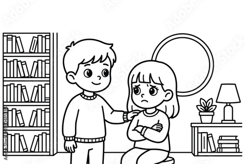 Boy comforts sad girl black and white drawing line art coloring book page.