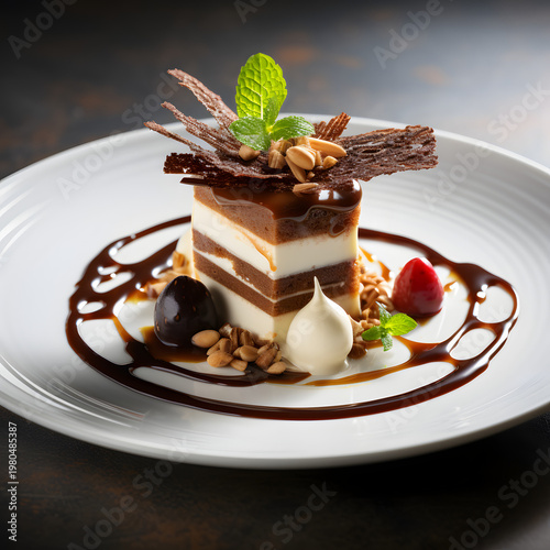 Gourmet layered chocolate mousse cake served on a white plate features a glossy caramel sauce drizzle with crunchy nut brittle and fresh green mint leaves garnished beautifully to create a sophisticat