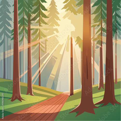 Brown wooden path in forest.