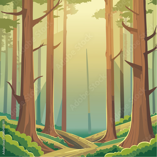Tall trees in forest landscape scene.