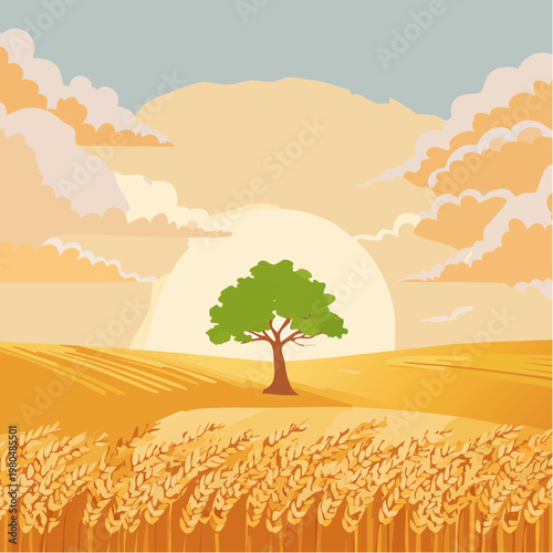 Tree standing alone in wheat field.