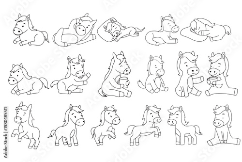 Collection of adorable horse illustrations in various playful poses, perfect for children's books and educational materials