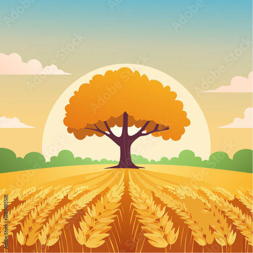 Tree standing alone in wheat field.