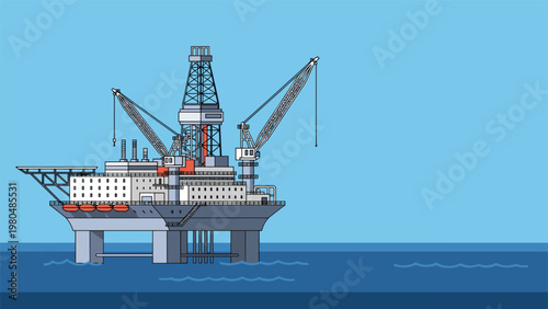 Industrial illustration of a massive offshore oil rig platform steadily operating in the expansive blue ocean, symbolizing energy production.