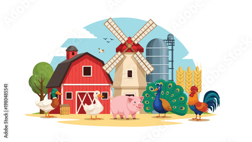 Charming and idyllic farm scene showcasing a red barn, a traditional windmill, a tall silo, and various cheerful farm animals.