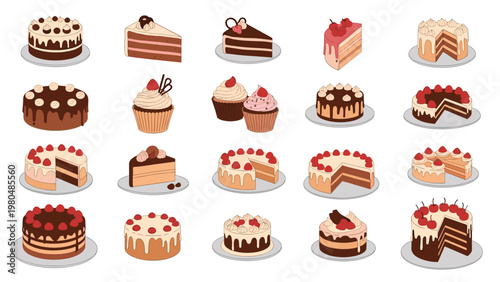 Decadent collection of various delicious cakes, cupcakes, and dessert slices, showcasing an array of flavors and decorations.