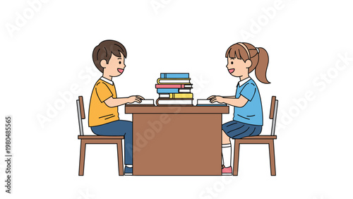 Harmonious scene of a boy and a girl diligently studying together at a shared desk, surrounded by a stack of educational books.