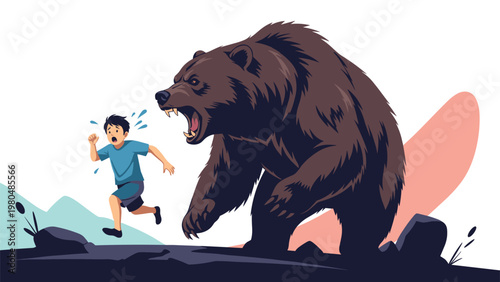 Harrowing scene depicting a terrified man desperately running away from a massive, aggressive bear in a wilderness setting.