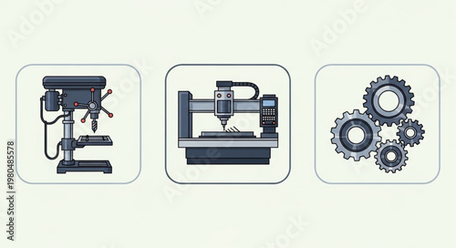 Industrial machinery icons drill press CNC machine and gears.