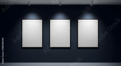Three blank white picture frames on a dark wall with spotlight ideal for advertising and design mockups with empty display space