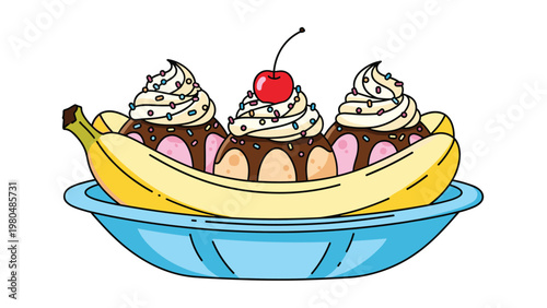 Classic and delicious banana split ice cream dessert, beautifully presented in a blue dish with whipped cream, sprinkles, and a cherry on top.