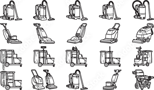 A diverse collection of vacuum cleaners showcases the wide variety of devices for cleaning purposes, from upright models to commercial machines. 