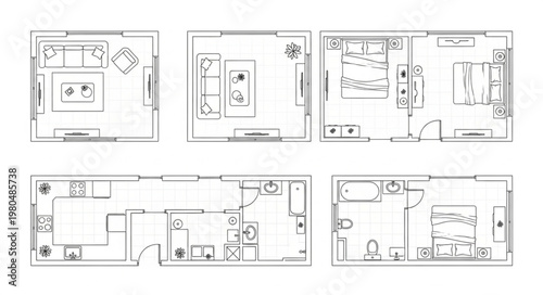 Architectural floor plans of different rooms and layouts.