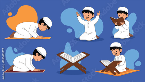 Collection of illustrations depicting a young Muslim boy performing various Islamic prayers and reading the Quran in different serene poses.