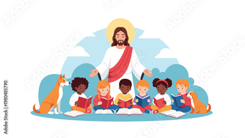 Jesus Christ stands with outstretched arms, surrounded by a diverse group of happy children and two dogs, all peacefully reading books together.