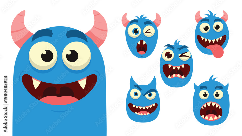 Naklejka premium Collection of a cute blue horned monster with various facial expressions, showcasing different emotions from happy to angry and mischievous.