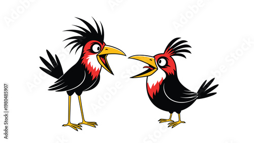 Two cartoon birds with spiky black feathers and red faces, enthusiastically squawking and shouting at each other.
