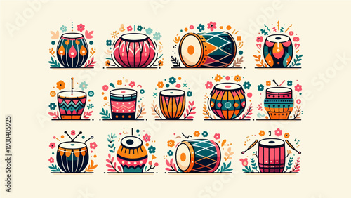Colorful Collection of Traditional Indian Percussion Drums Including Tabla, Dhol, and Dholak with Floral Decorations, Folk Music Instrument Set Flat Illustration